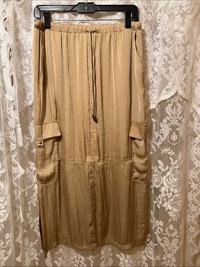 Casual Drawstring Cargo Pocket Maxi Skirt - Camel